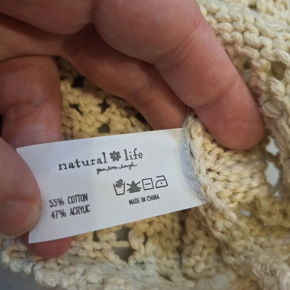 Natural Life Sweater Lg  Cream Open Knit Crochet Cropped Boho Pointelle Pullover